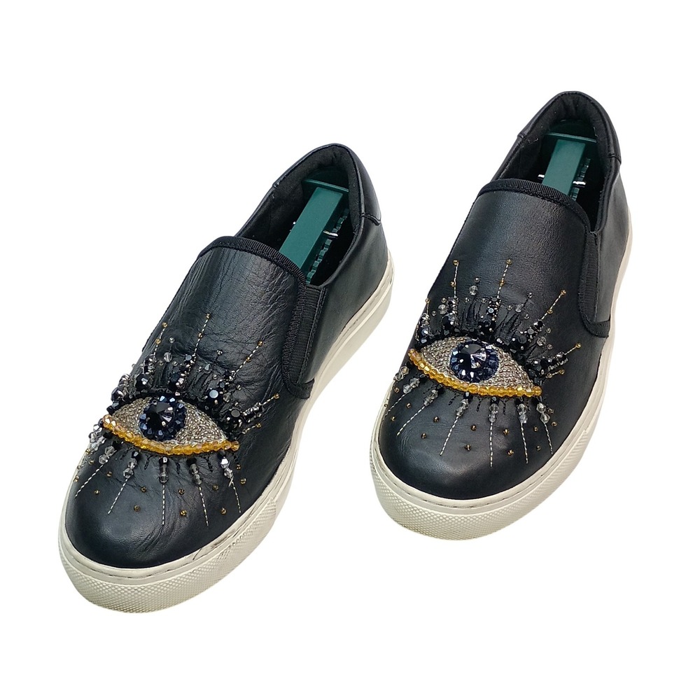 Kurt Geiger London Blk Leather Evil Eye Embellished Slip On Sneaker Women US 7.5